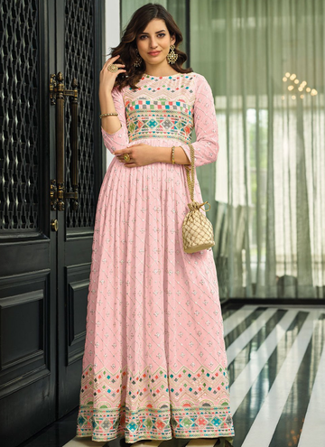 Light Pink Georgette Resham Work Gown for Women